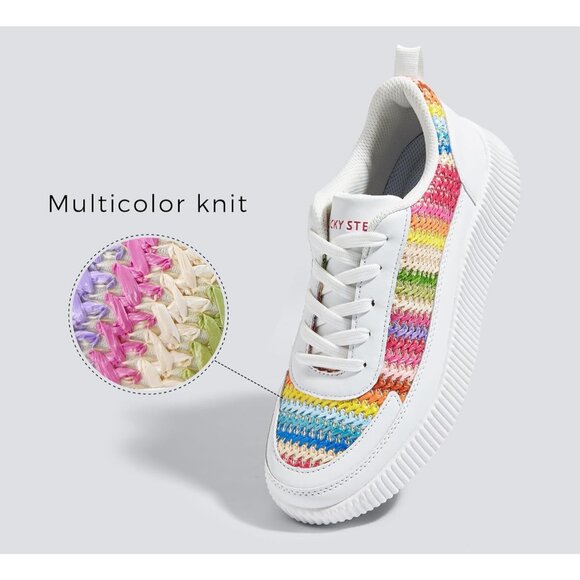 Lucky Step Women's White Platform Sneakers Rhinestone Fashion Chunky Shoes - Picture 3 of 7